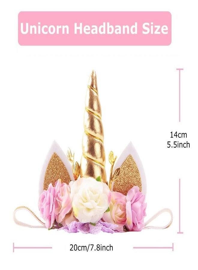Nishine Roses Floral Unicorn Horn Headband Elastic Baby Girls Unicorn Hairband Party Supplies (Gold&Ivory) - Image 5